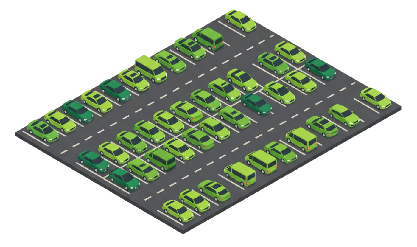 Isometric illustration of Fleeteer own fleet parked at the airport lot
